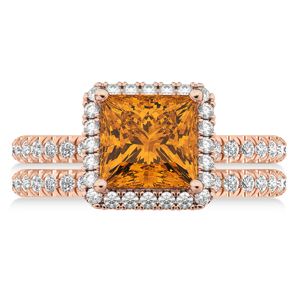 Citrine & Diamonds Princess-Cut Halo Bridal Set 14K Rose Gold (3.74ct)