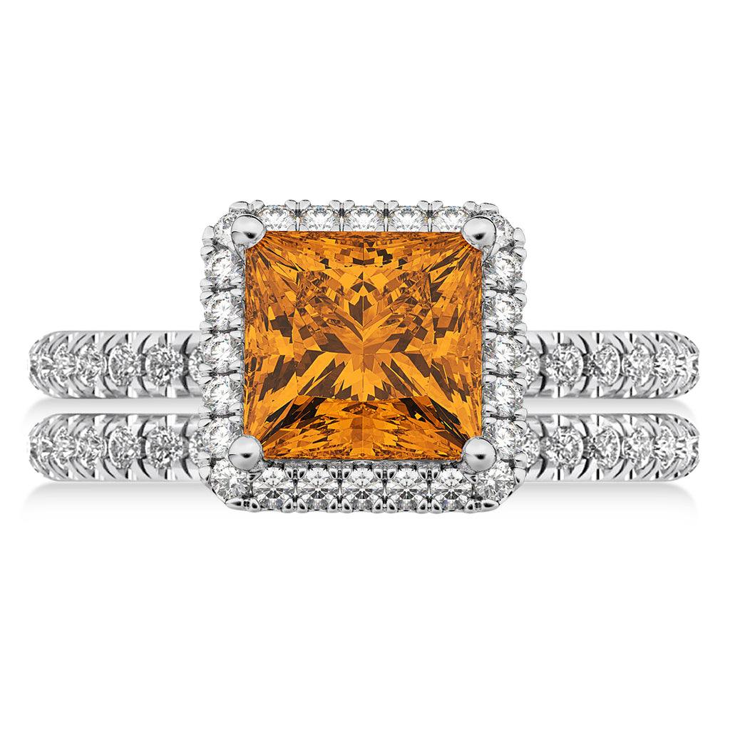 Citrine & Diamonds Princess-Cut Halo Bridal Set 14K White Gold (3.74ct)