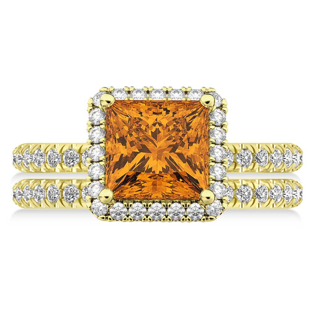 Citrine & Diamonds Princess-Cut Halo Bridal Set 14K Yellow Gold (3.74ct)