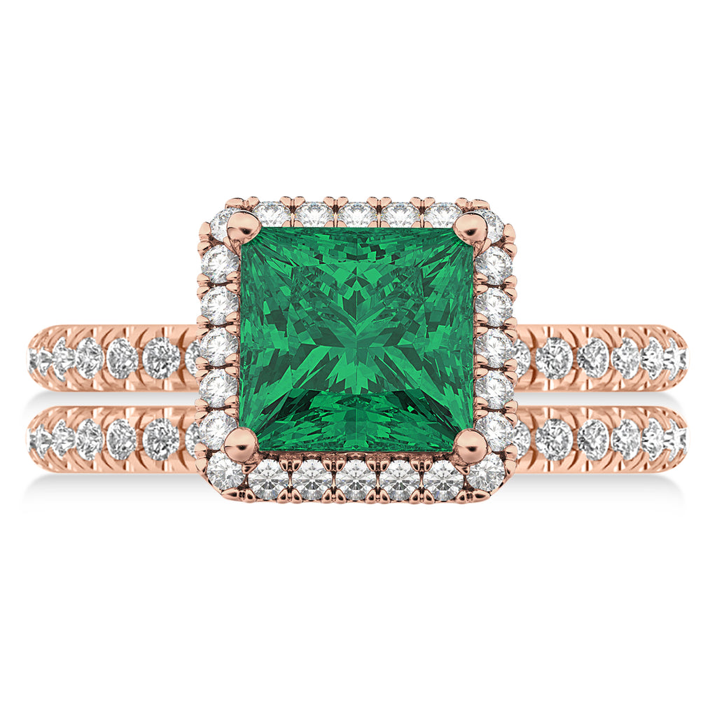 Emerald & Diamonds Princess-Cut Halo Bridal Set 14K Rose Gold (3.84ct)