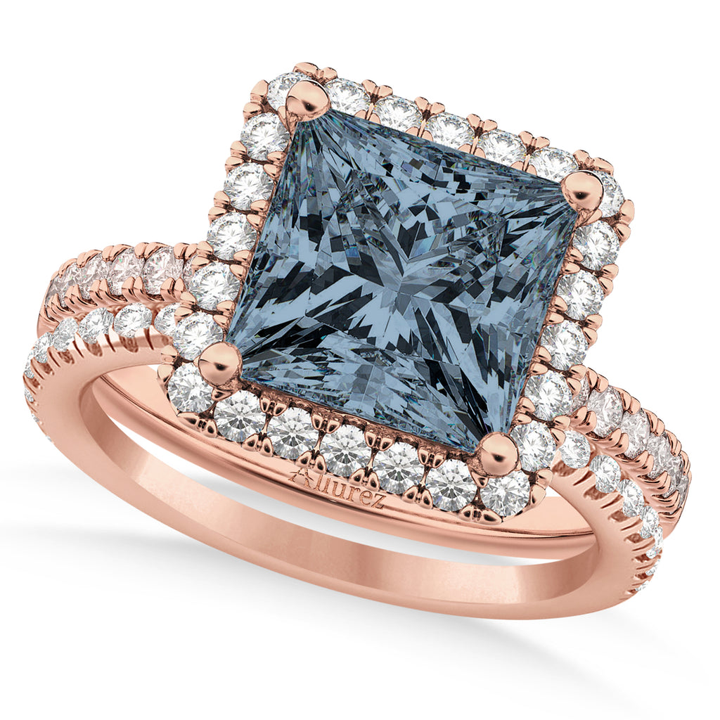 Gray Spinel & Diamonds Princess-Cut Halo Bridal Set 14K Rose Gold (3.74ct)