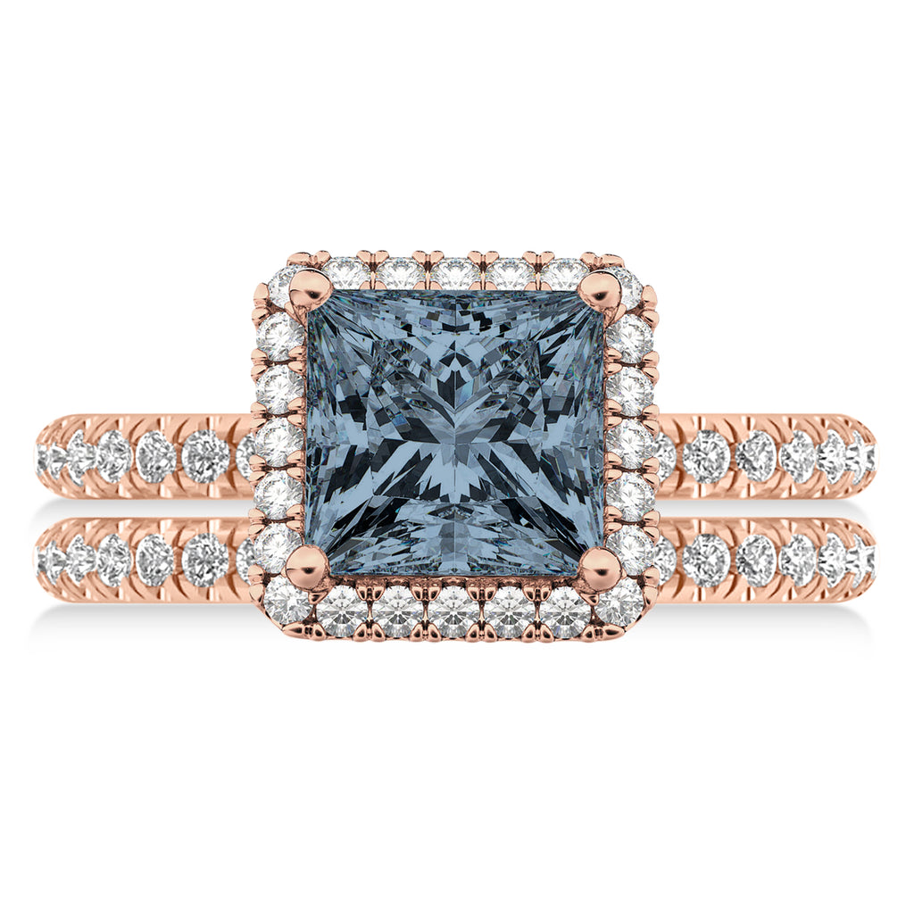 Gray Spinel & Diamonds Princess-Cut Halo Bridal Set 14K Rose Gold (3.74ct)