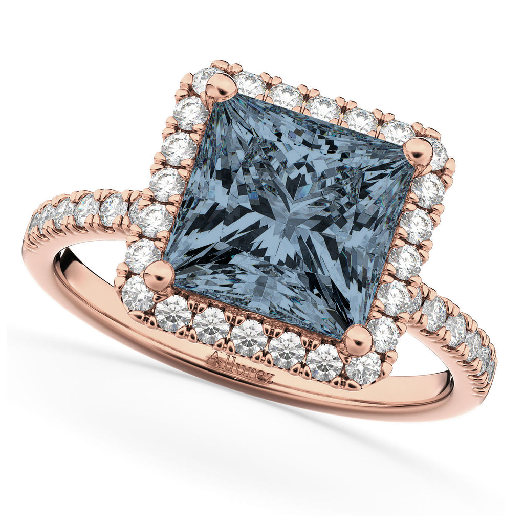 Gray Spinel & Diamonds Princess-Cut Halo Bridal Set 14K Rose Gold (3.74ct)