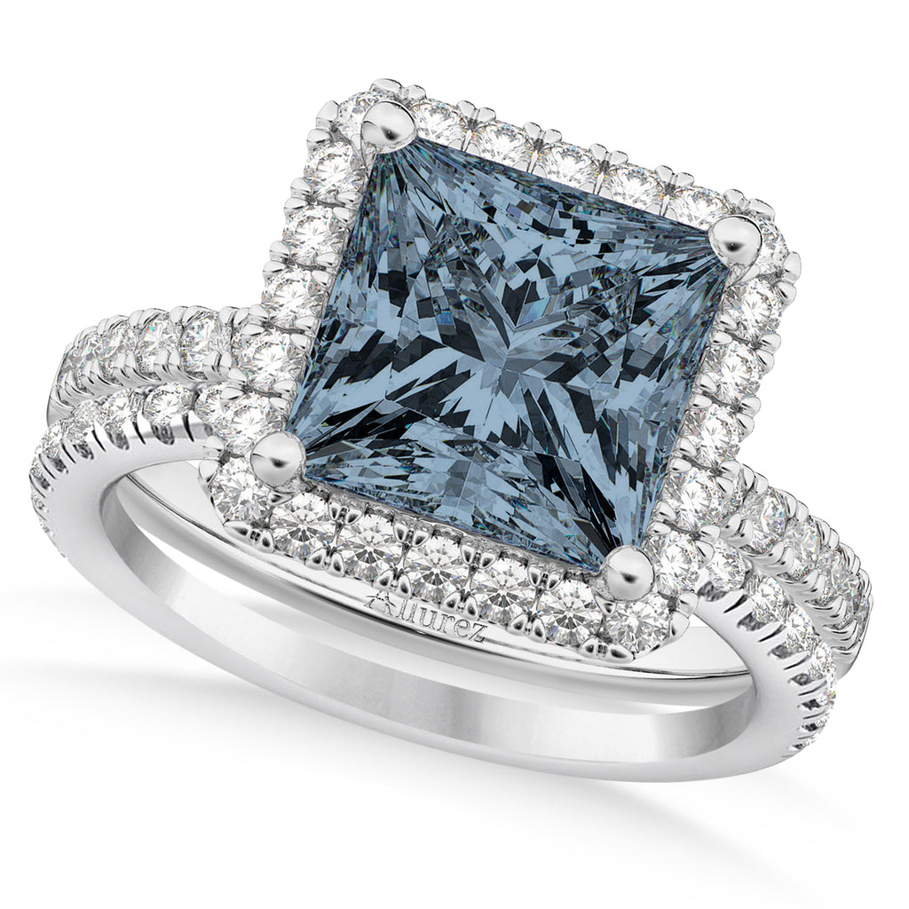 Gray Spinel & Diamonds Princess-Cut Halo Bridal Set 14K White Gold (3.74ct)