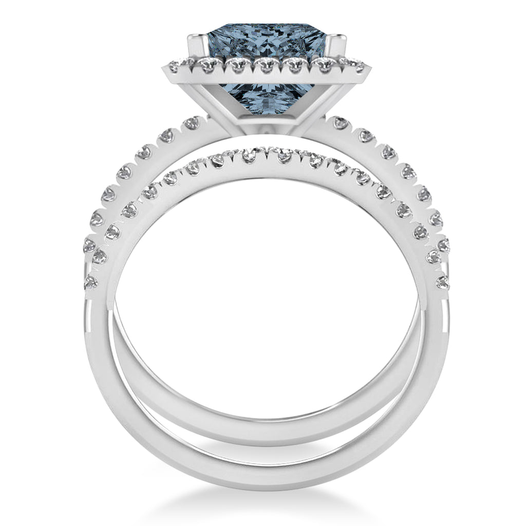 Gray Spinel & Diamonds Princess-Cut Halo Bridal Set 14K White Gold (3.74ct)