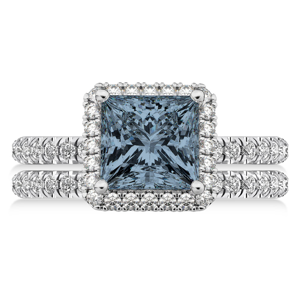 Gray Spinel & Diamonds Princess-Cut Halo Bridal Set 14K White Gold (3.74ct)