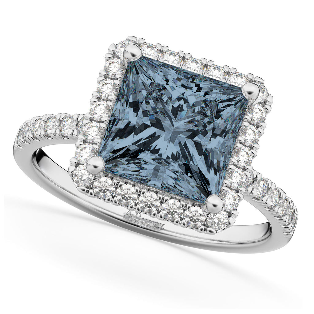 Gray Spinel & Diamonds Princess-Cut Halo Bridal Set 14K White Gold (3.74ct)