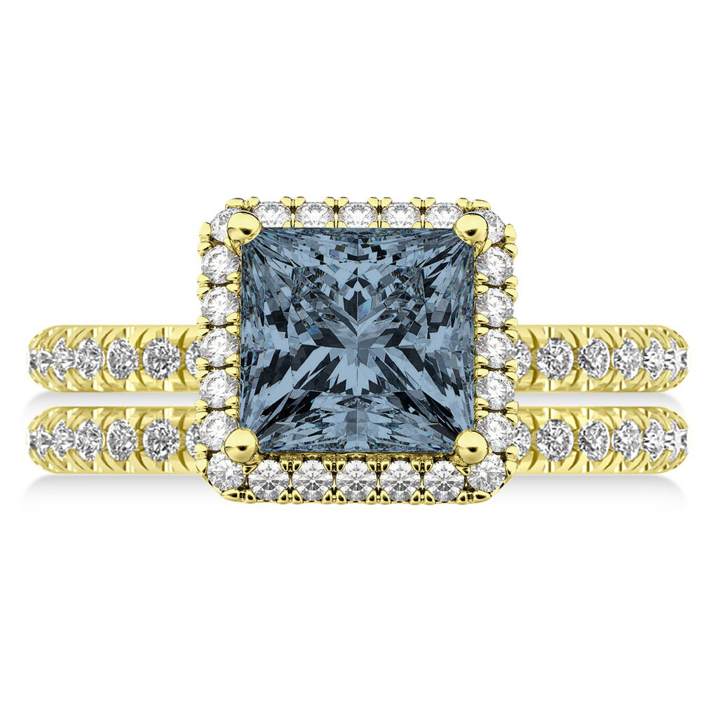 Gray Spinel & Diamonds Princess-Cut Halo Bridal Set 14K Yellow Gold (3.74ct)