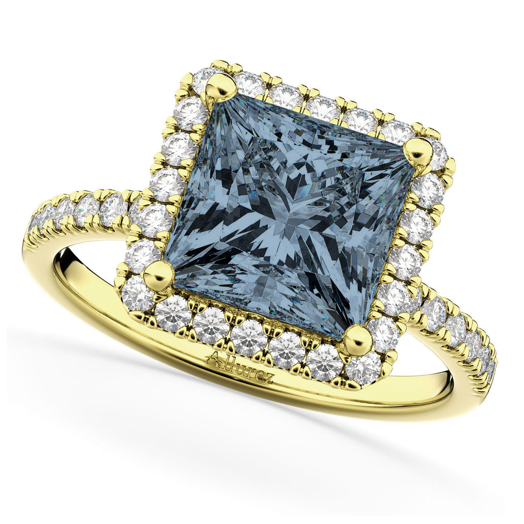 Gray Spinel & Diamonds Princess-Cut Halo Bridal Set 14K Yellow Gold (3.74ct)