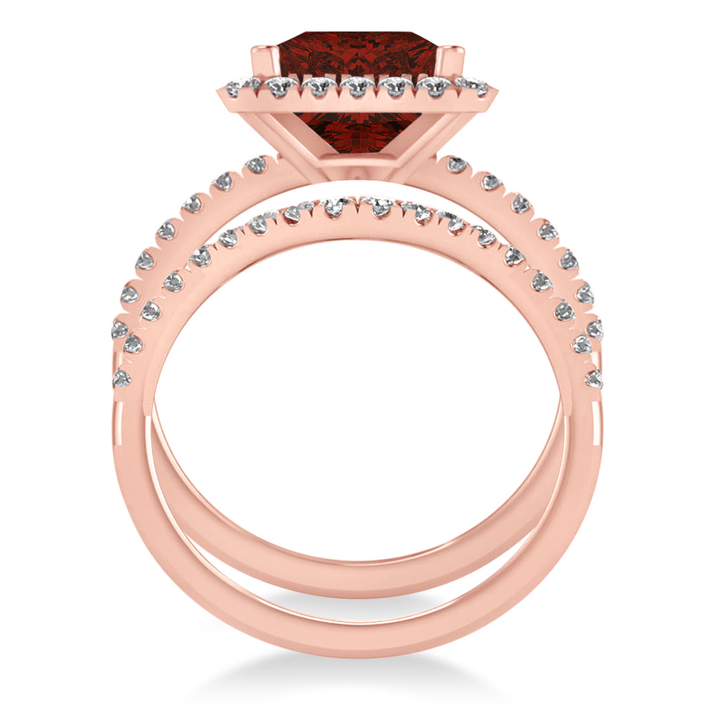 Garnet & Diamonds Princess-Cut Halo Bridal Set 14K Rose Gold (3.74ct)