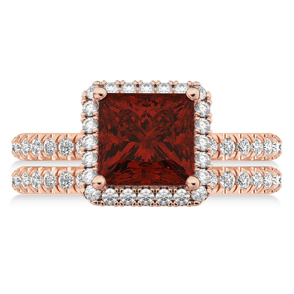 Garnet & Diamonds Princess-Cut Halo Bridal Set 14K Rose Gold (3.74ct)