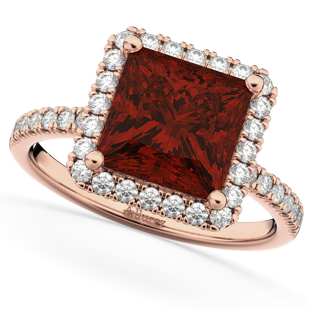 Garnet & Diamonds Princess-Cut Halo Bridal Set 14K Rose Gold (3.74ct)