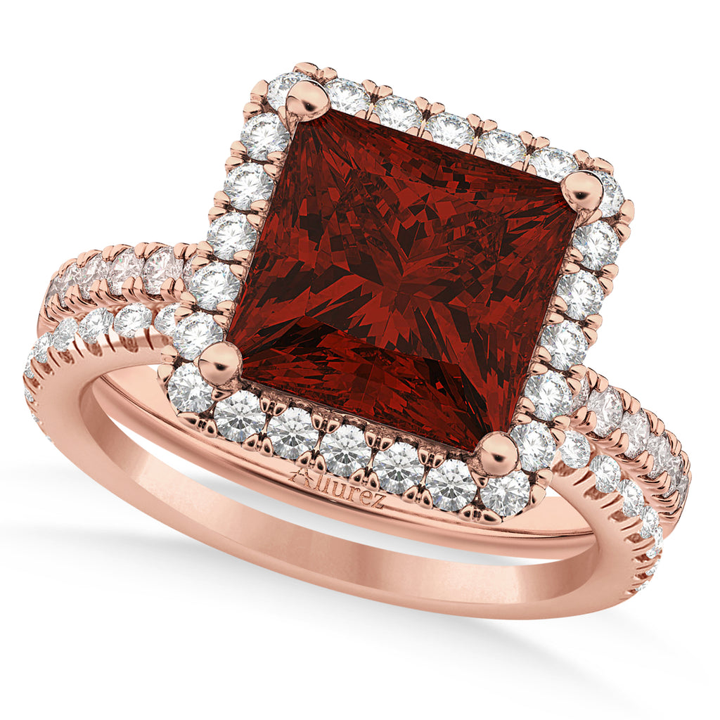Garnet & Diamonds Princess-Cut Halo Bridal Set 14K Rose Gold (3.74ct)