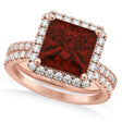 Garnet & Diamonds Princess-Cut Halo Bridal Set 14K Rose Gold (3.74ct)