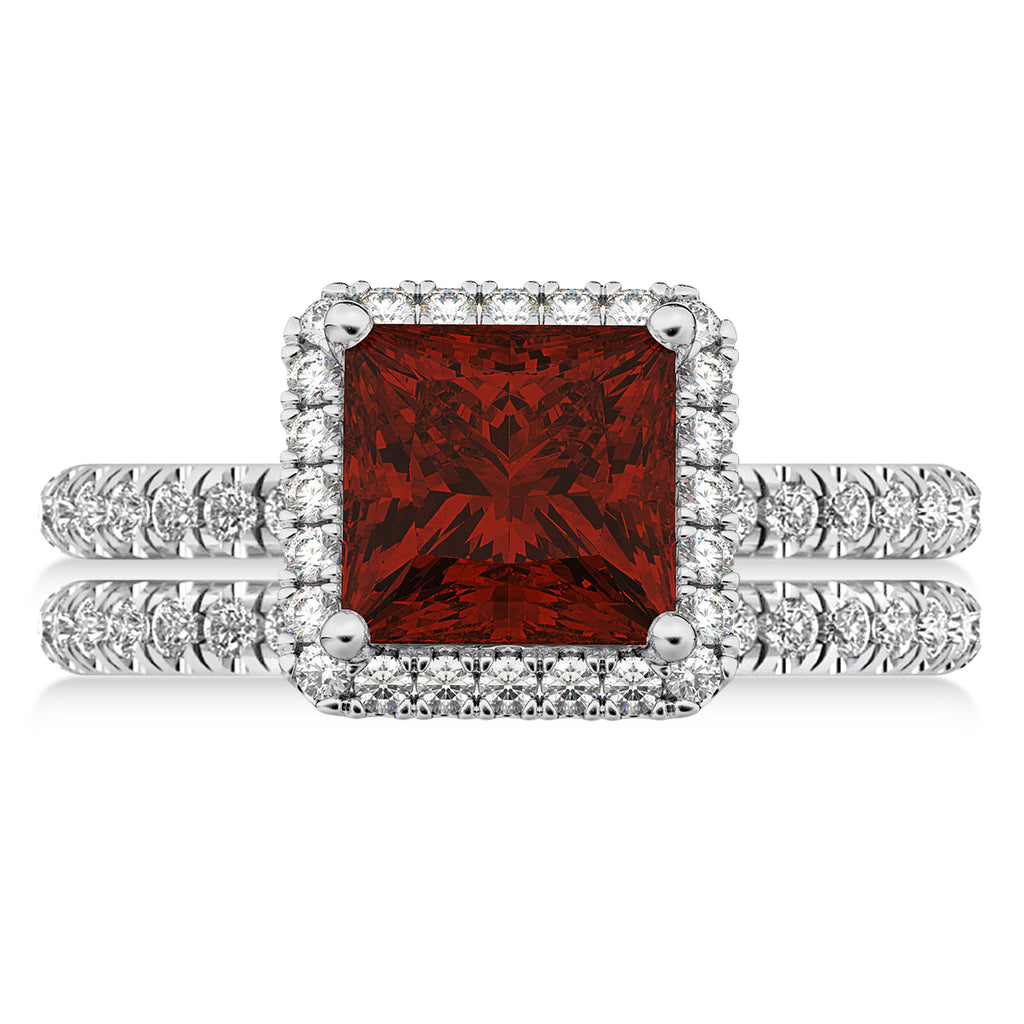 Garnet & Diamonds Princess-Cut Halo Bridal Set 14K White Gold (3.74ct)
