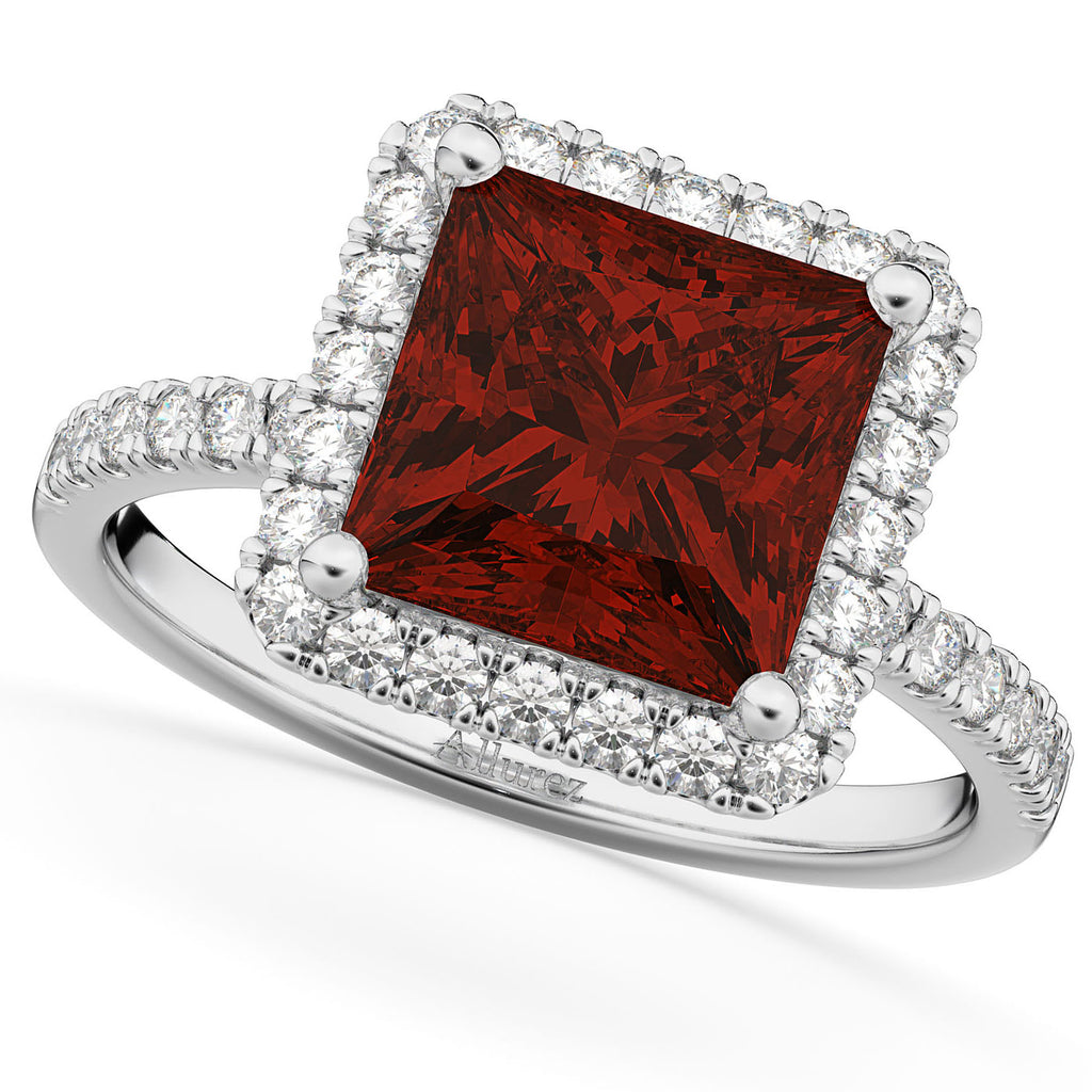 Garnet & Diamonds Princess-Cut Halo Bridal Set 14K White Gold (3.74ct)