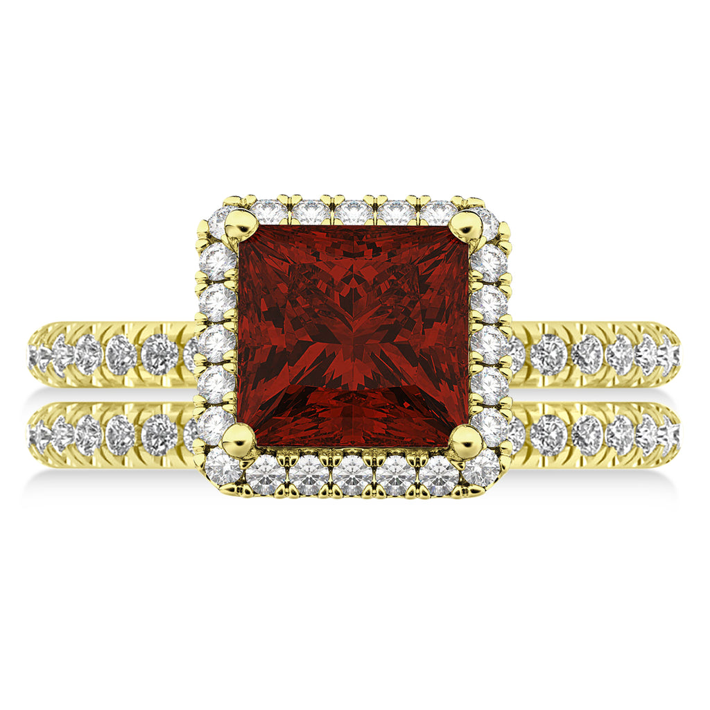 Garnet & Diamonds Princess-Cut Halo Bridal Set 14K Yellow Gold (3.74ct)