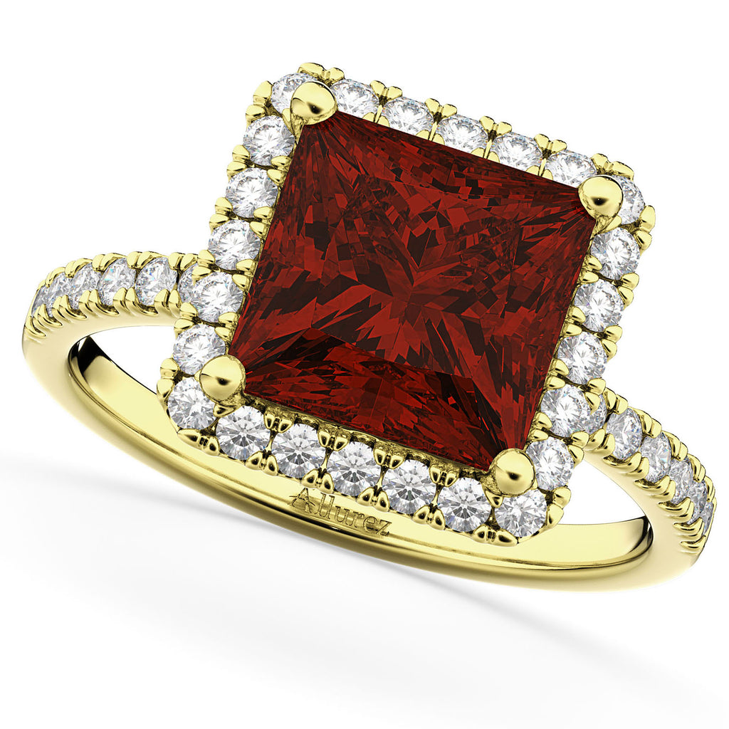 Garnet & Diamonds Princess-Cut Halo Bridal Set 14K Yellow Gold (3.74ct)