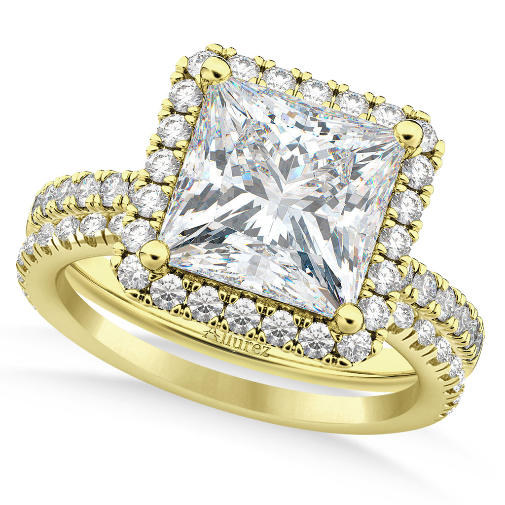 Lab & White Diamonds Princess-Cut Halo Bridal Set 14K Yellow Gold (3.85ct)