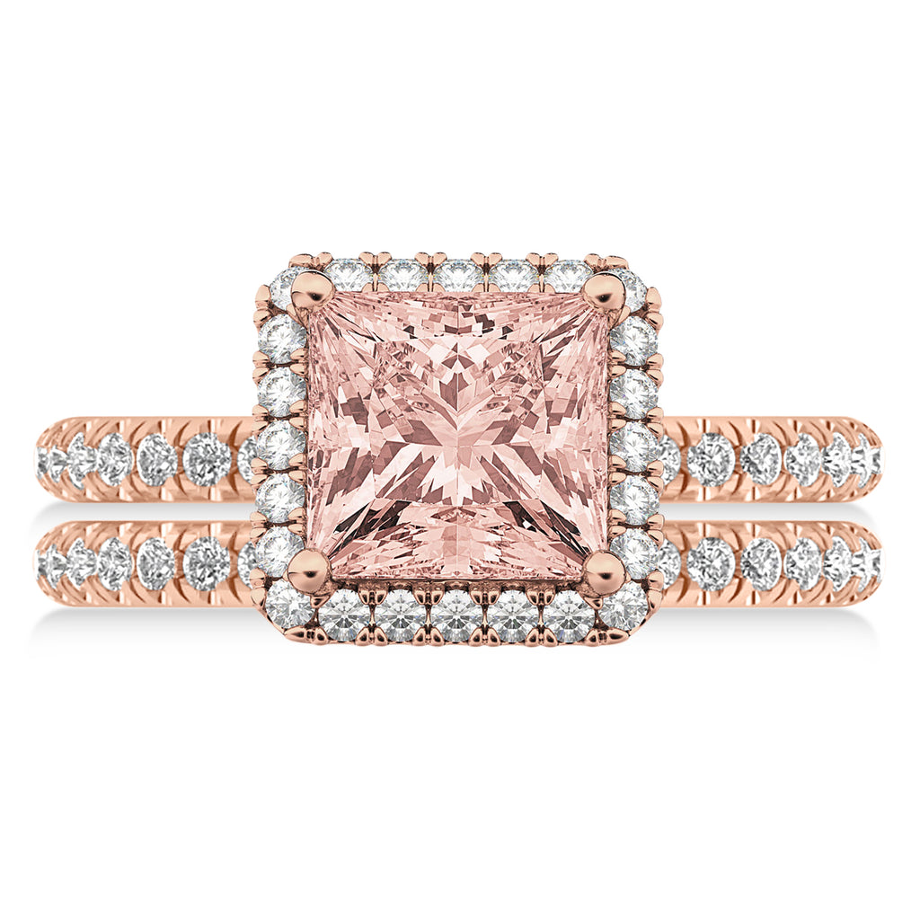 Morganite & Diamonds Princess-Cut Halo Bridal Set 14K Rose Gold (3.74ct)