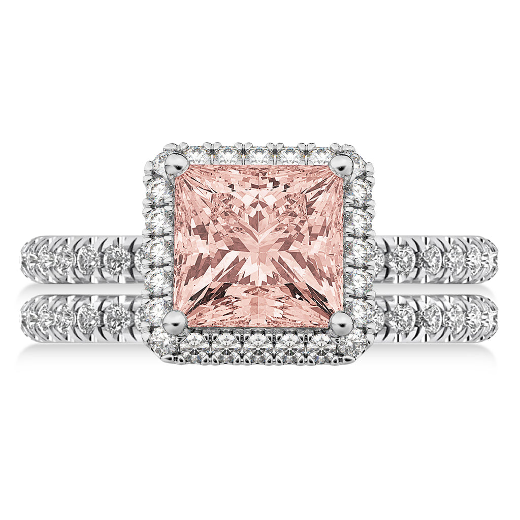 Morganite & Diamonds Princess-Cut Halo Bridal Set 14K White Gold (3.74ct)