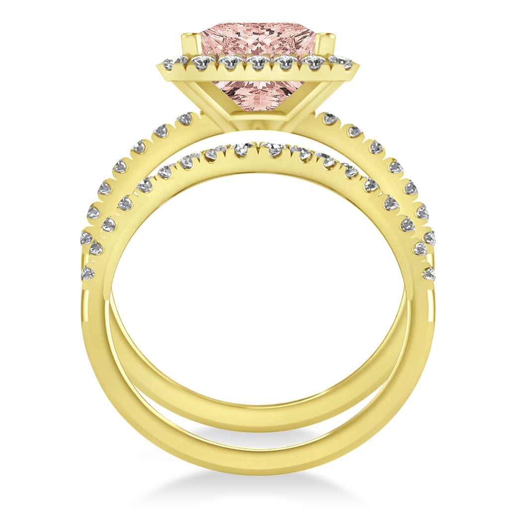 Morganite & Diamonds Princess-Cut Halo Bridal Set 14K Yellow Gold (3.74ct)
