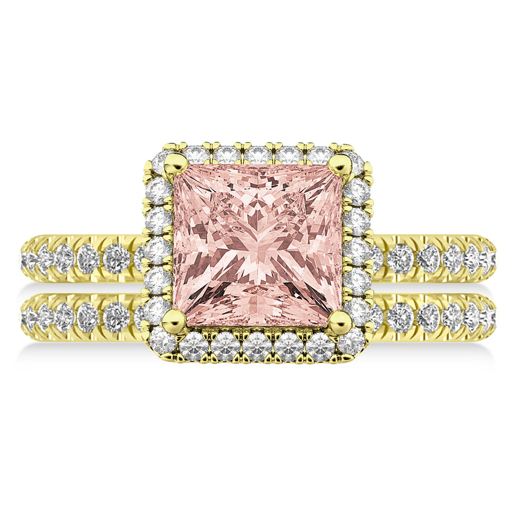 Morganite & Diamonds Princess-Cut Halo Bridal Set 14K Yellow Gold (3.74ct)