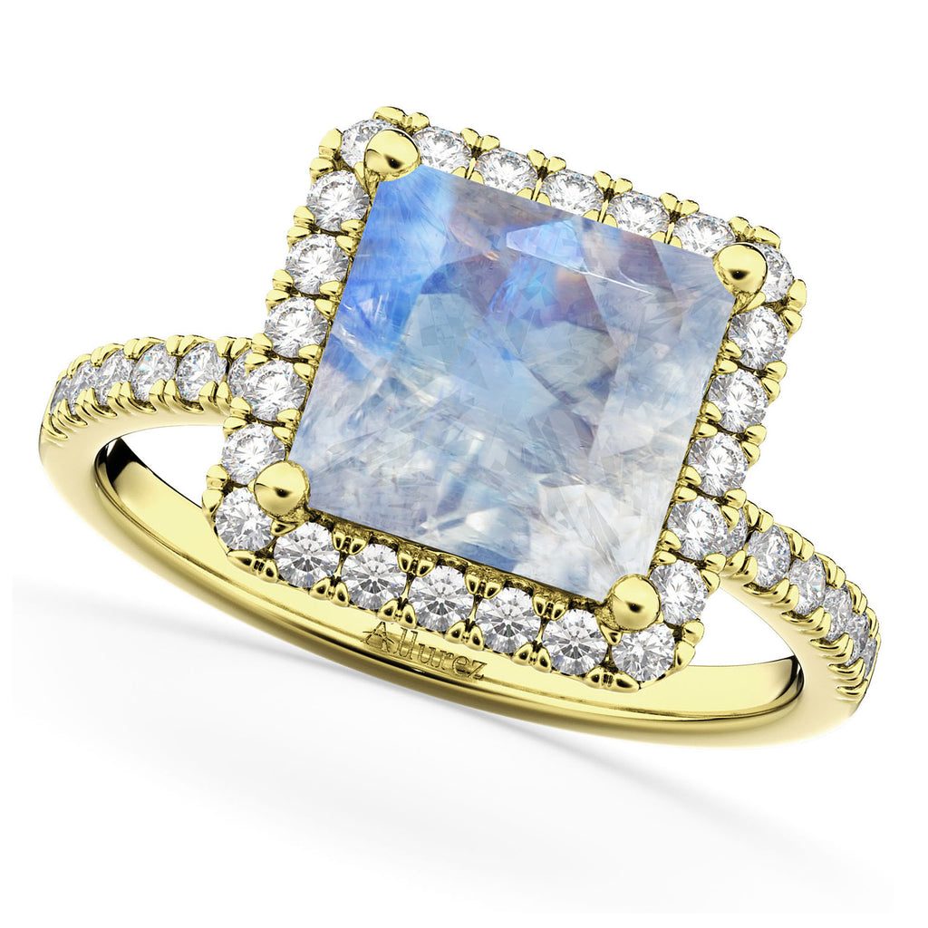 Moonstone & Diamonds Princess-Cut Halo Bridal Set 14K Yellow Gold (3.74ct)