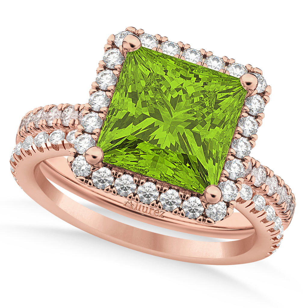 Peridot & Diamonds Princess-Cut Halo Bridal Set 14K Rose Gold (3.74ct)