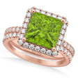 Peridot & Diamonds Princess-Cut Halo Bridal Set 14K Rose Gold (3.74ct)