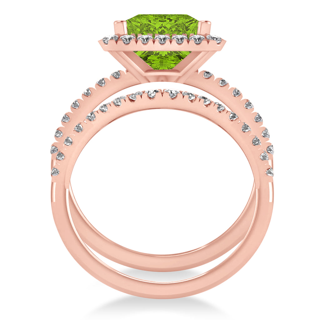 Peridot & Diamonds Princess-Cut Halo Bridal Set 14K Rose Gold (3.74ct)