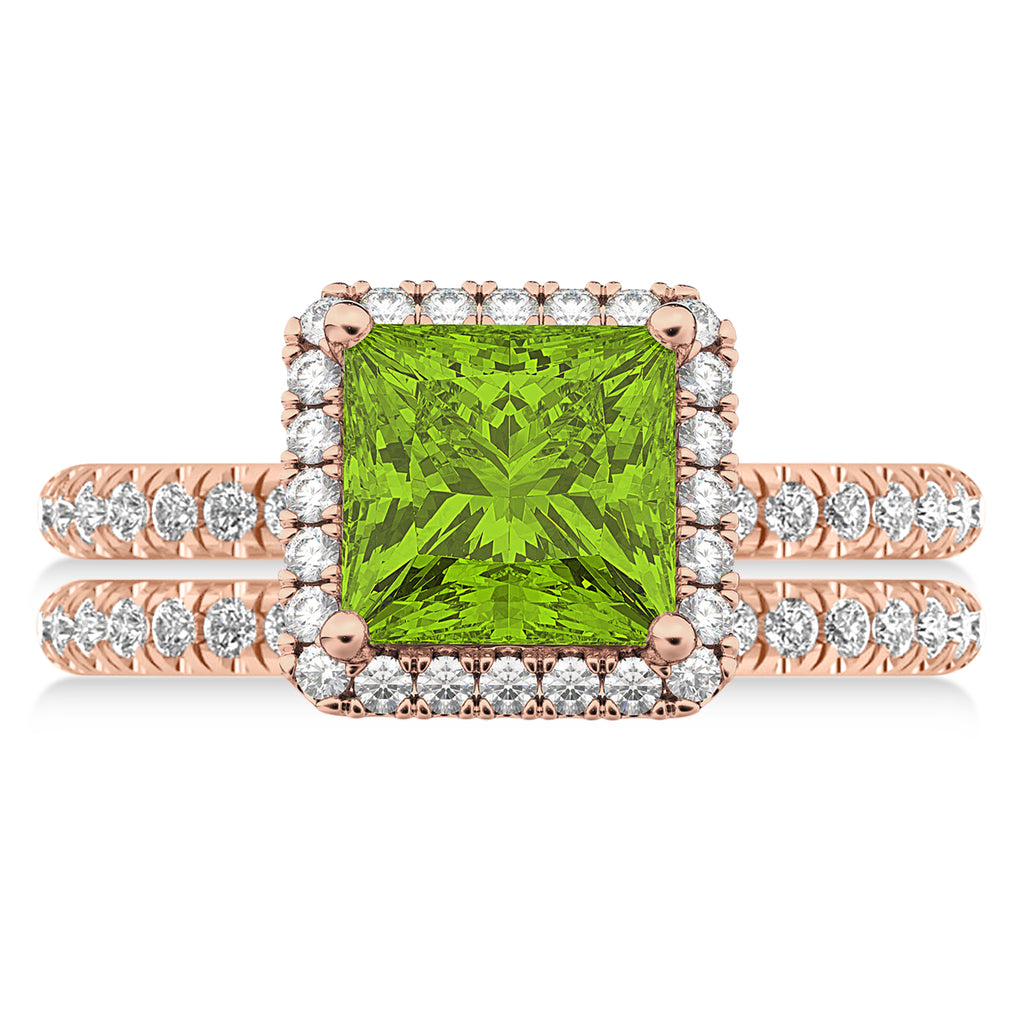 Peridot & Diamonds Princess-Cut Halo Bridal Set 14K Rose Gold (3.74ct)