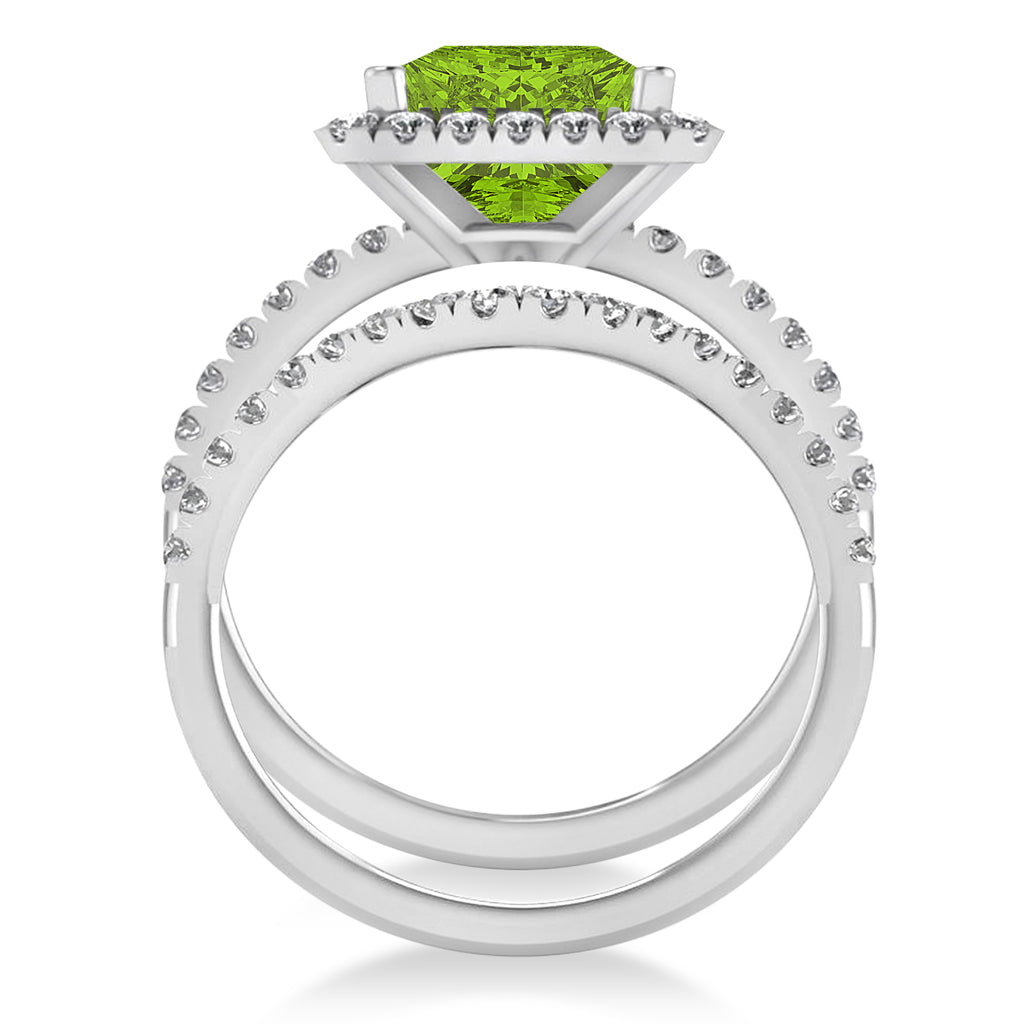 Peridot & Diamonds Princess-Cut Halo Bridal Set 14K White Gold (3.74ct)