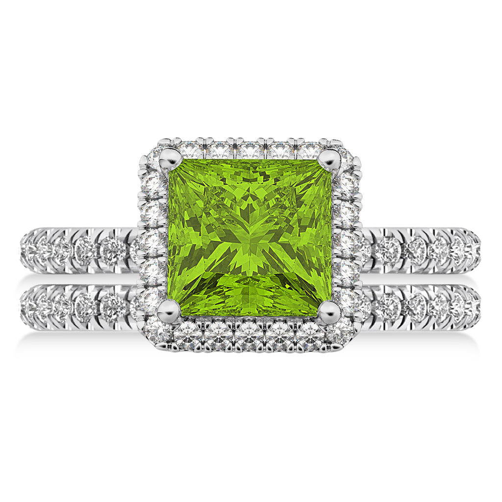 Peridot & Diamonds Princess-Cut Halo Bridal Set 14K White Gold (3.74ct)