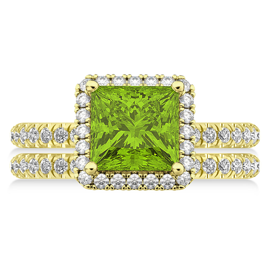 Peridot & Diamonds Princess-Cut Halo Bridal Set 14K Yellow Gold (3.74ct)