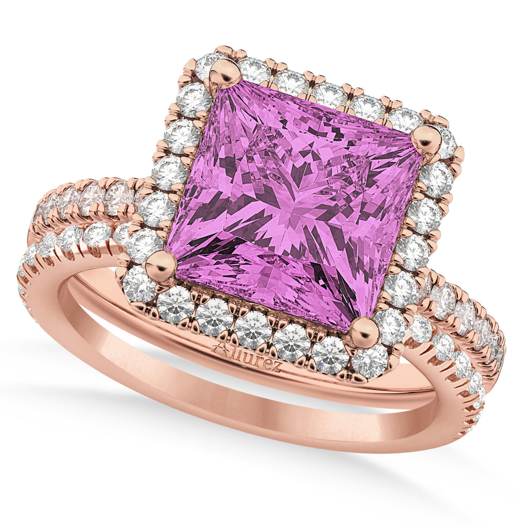 Pink Sapphire & Diamonds Princess-Cut Halo Bridal Set 14K Rose Gold (3.74ct)
