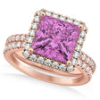 Pink Sapphire & Diamonds Princess-Cut Halo Bridal Set 14K Rose Gold (3.74ct)