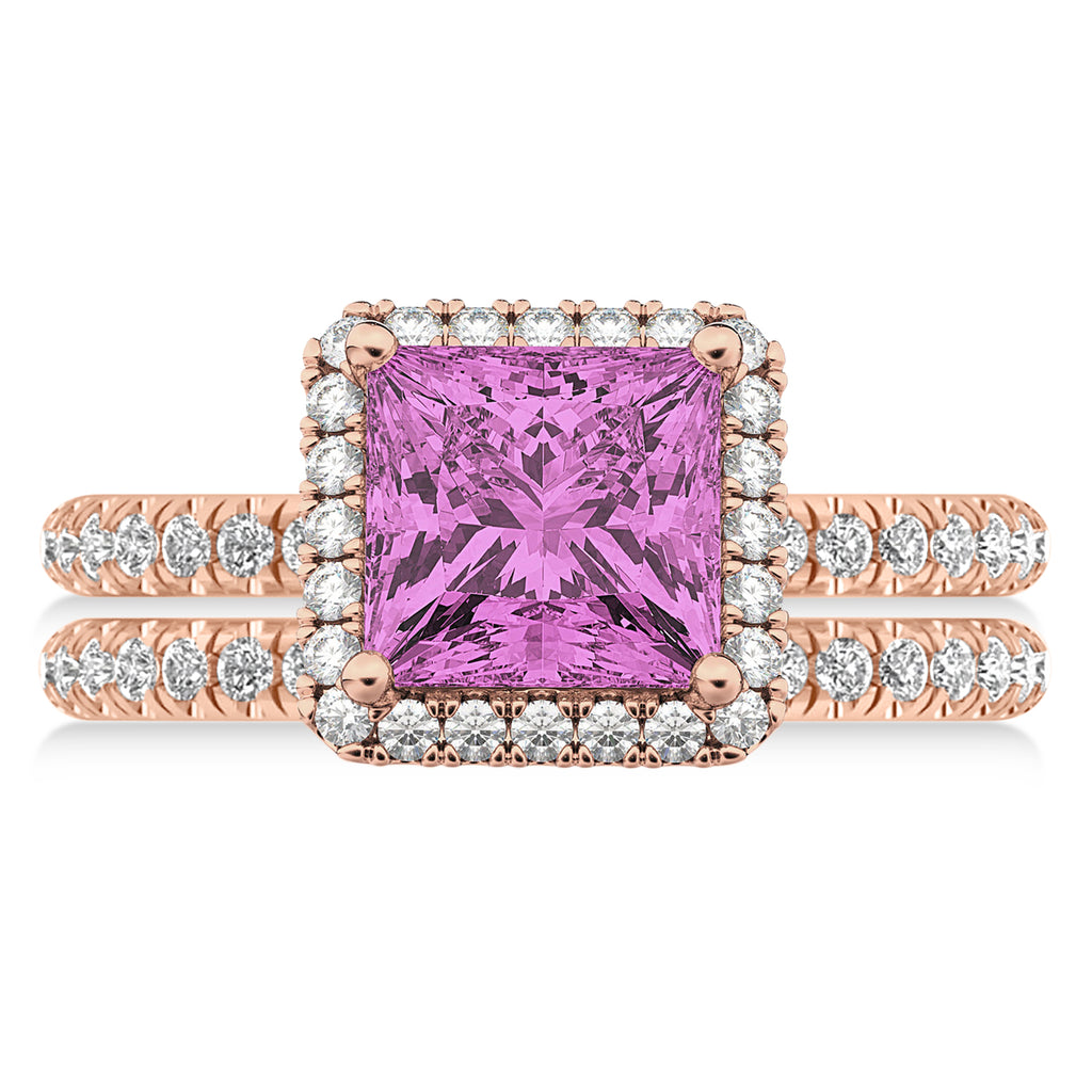 Pink Sapphire & Diamonds Princess-Cut Halo Bridal Set 14K Rose Gold (3.74ct)