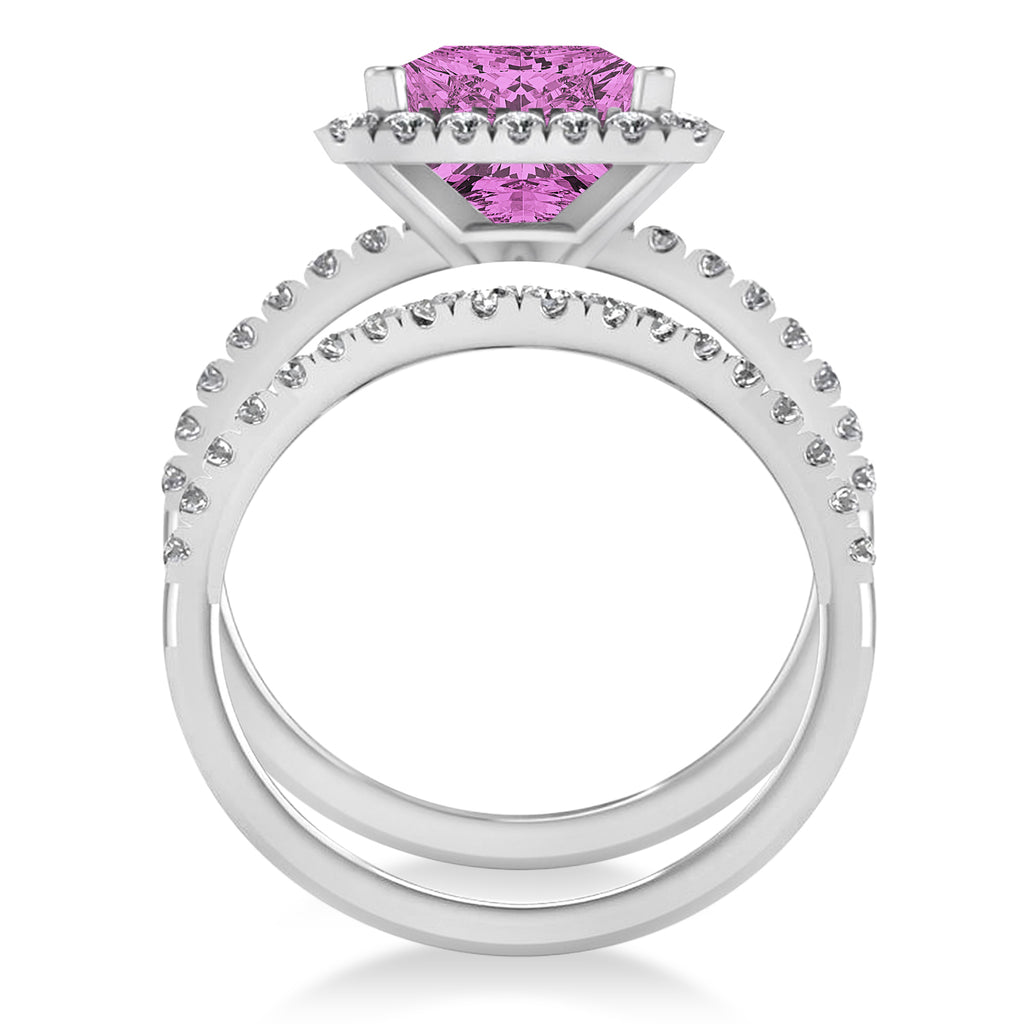 Pink Sapphire & Diamonds Princess-Cut Halo Bridal Set 14K White Gold (3.74ct)