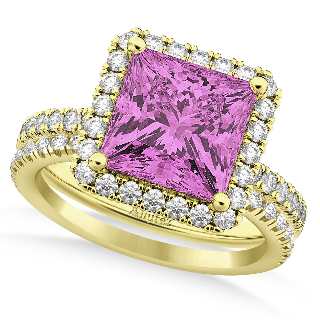 Pink Sapphire & Diamonds Princess-Cut Halo Bridal Set 14K Yellow Gold (3.74ct)