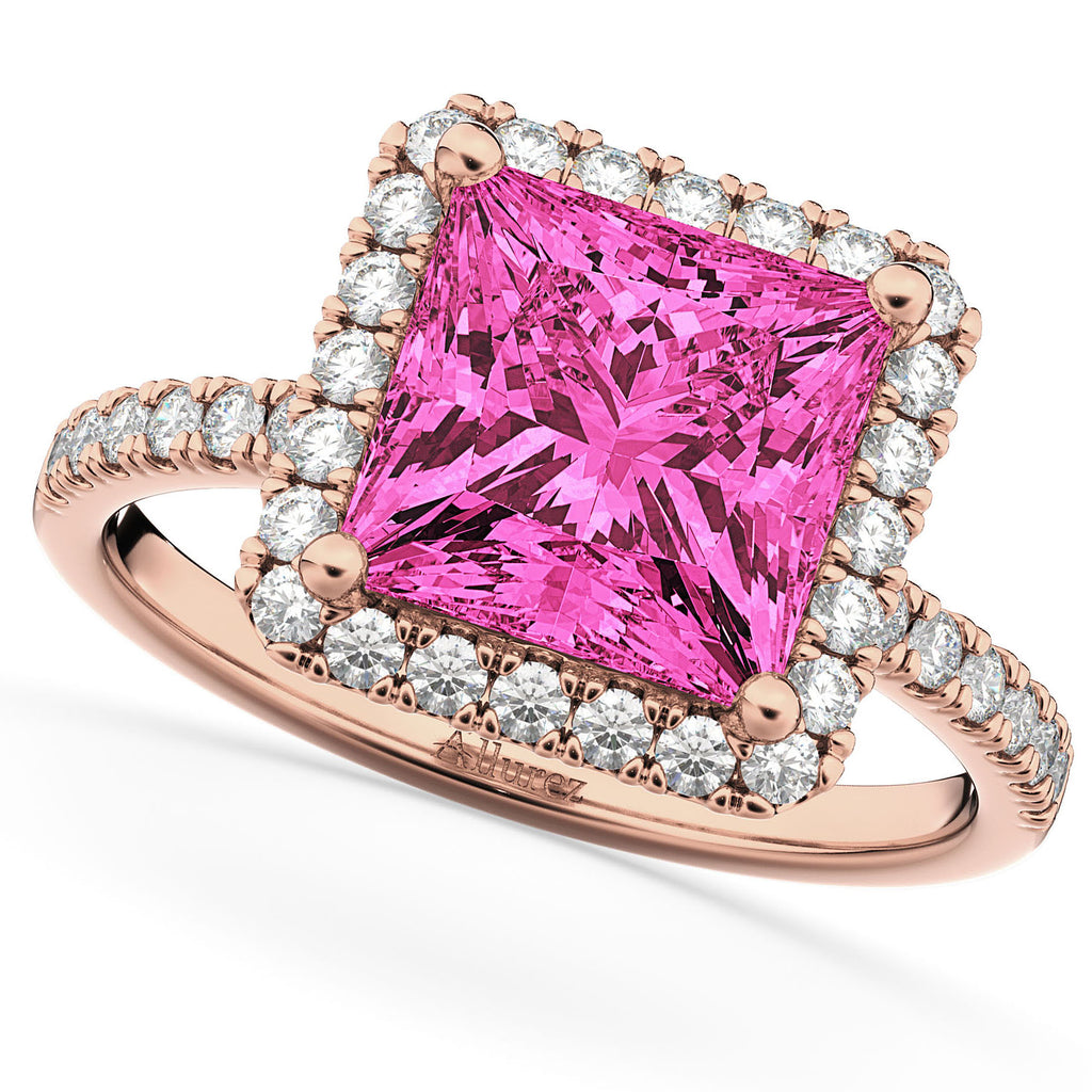 Pink Tourmaline & Diamonds Princess-Cut Halo Bridal Set 14K Rose Gold (3.74ct)