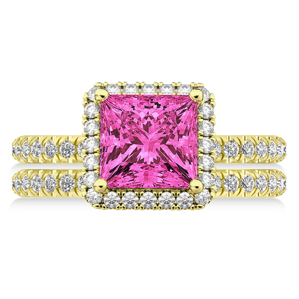 Pink Tourmaline & Diamonds Princess-Cut Halo Bridal Set 14K Yellow Gold (3.74ct)