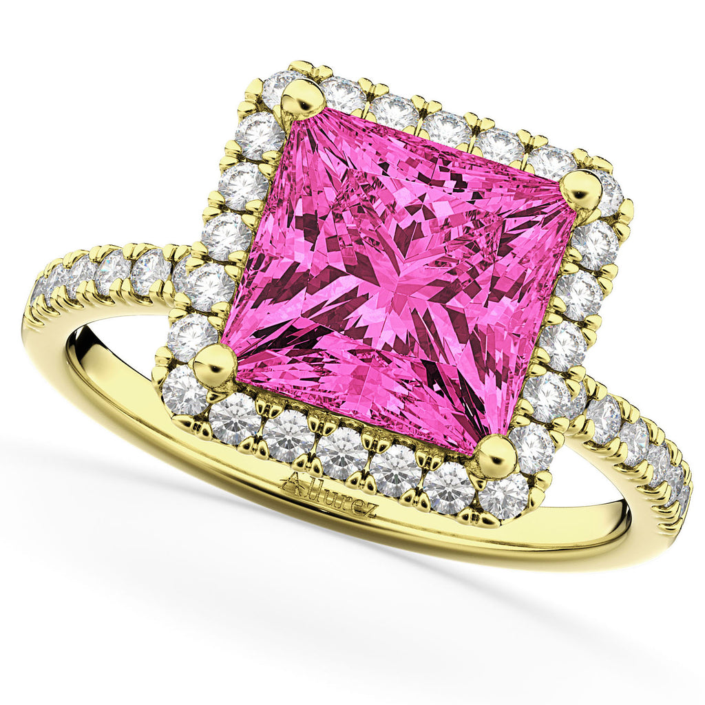 Pink Tourmaline & Diamonds Princess-Cut Halo Bridal Set 14K Yellow Gold (3.74ct)