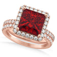 Ruby & Diamonds Princess-Cut Halo Bridal Set 14K Rose Gold (3.74ct)