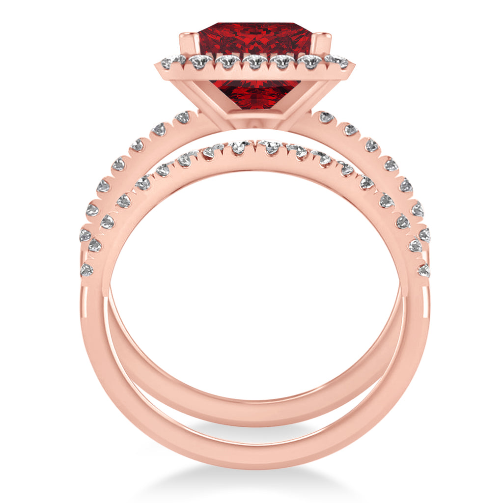 Ruby & Diamonds Princess-Cut Halo Bridal Set 14K Rose Gold (3.74ct)