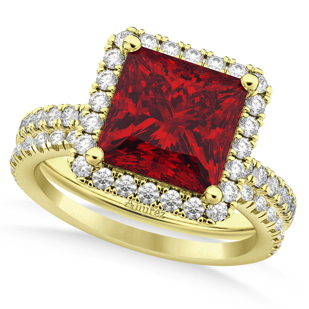 Ruby & Diamonds Princess-Cut Halo Bridal Set 14K Yellow Gold (3.74ct)