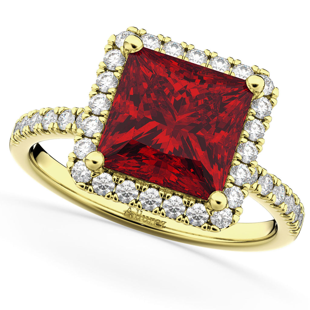 Ruby & Diamonds Princess-Cut Halo Bridal Set 14K Yellow Gold (3.74ct)