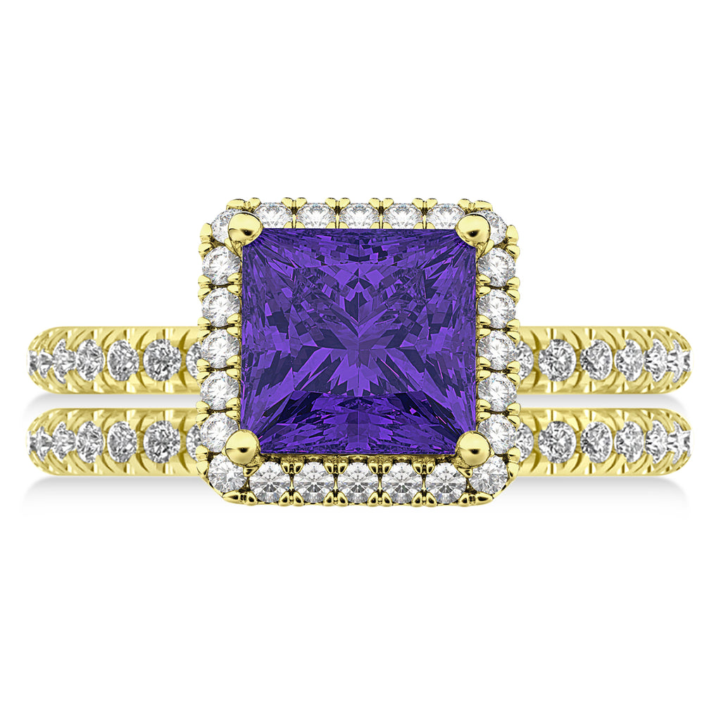 Tanzanite & Diamonds Princess-Cut Halo Bridal Set 14K Yellow Gold (3.74ct)