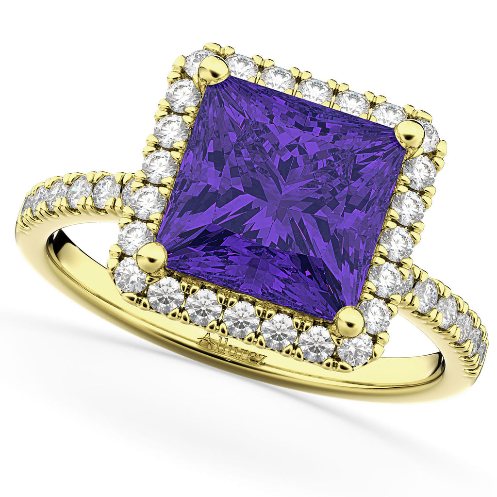 Tanzanite & Diamonds Princess-Cut Halo Bridal Set 14K Yellow Gold (3.74ct)
