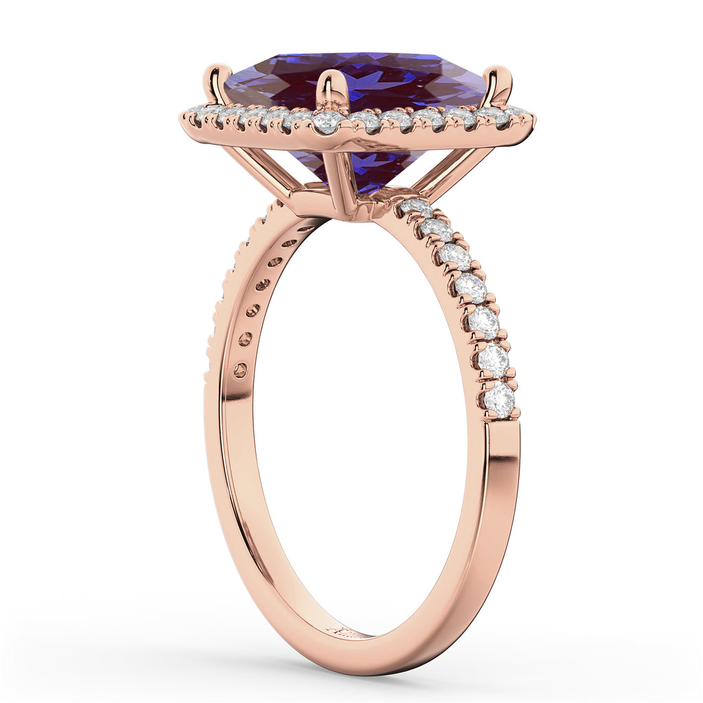 Princess Cut Halo Lab Alexandrite & Diamond Engagement Ring 14K Rose Gold 3.47ct